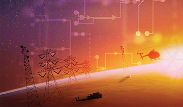 Helicopters and a powerline shown on top of earth